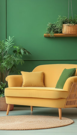 Stylish yellow sofa, green wall and houseplants. Interior design idea. Modern living room.の素材