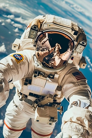 Astronaut During Spacewalk Self Portrait In Orbit, Astronaut Selfie With Earth Background.の素材