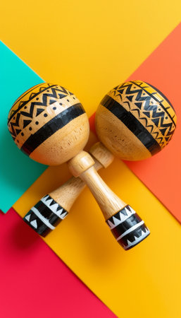 Pair of Wooden Maracas with Ethnic Pattern, Isolated on a Vibrant, Colorful Background.の素材