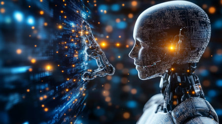 Artificial Intelligence, Robot, And Human Hand Connection, Futuristic Technology Background.の素材