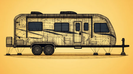 Wireframe model of a travel trailer RV, isolated on an orange background. 3D illustration.の素材