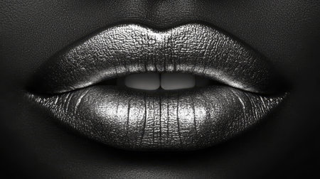 Close-Up Of Womans Lips With Silver Metallic Lipstick. Beauty And Fashion Photography.の素材