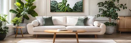 Stylish living room interior with comfortable sofa. Modern room design with green plants.の素材