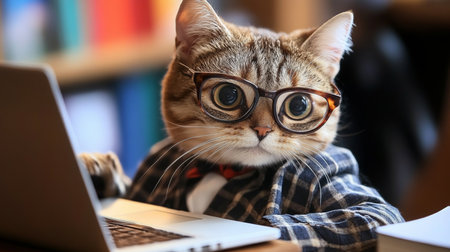 Serious cat in glasses and a bow tie works at a laptop in the library. Humorous portraitの素材
