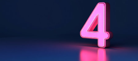 Glowing Pink Neon Number Four Isolated on a Dark Blue Background With Reflection, 3D Renderingの素材