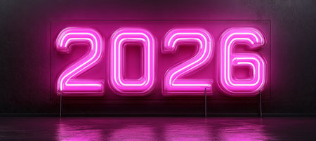 Neon Sign 2026 Glowing Purple on Dark Background. Abstract Concept with Year 2026.の素材