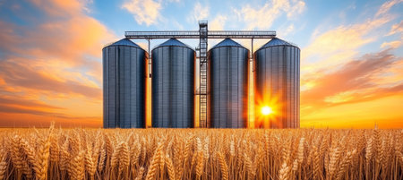 Golden Sunset over Grain Silos in a Wheat Field, Agricultural Landscape with Grain Storage Towers.の素材