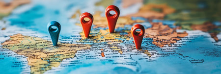 Red And Blue Map Pins On Map, Travel, Destination Or Vacation And Exploration Planning Conceptの素材