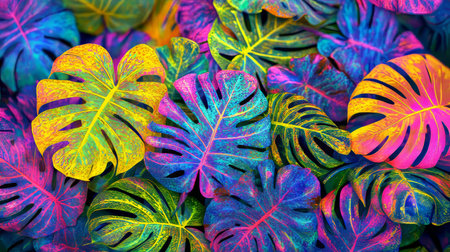 Vibrant Monstera Leaves, Tropical Pattern, Colorful Foliage Background, Neon Colors Textureの素材