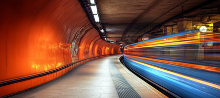 Blurred Motion Of High Speed Train Moving Through Subway Tunnel With Orange Tile Wallsの素材