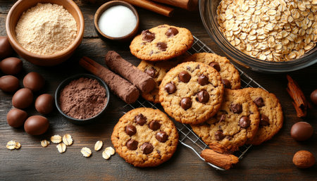 Freshly Baked Chocolate Chip Cookies with Oats, Flour, and Cocoa on a Rustic Wooden Background.の素材