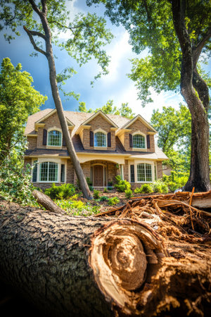 Aftermath of Severe Storm Uprooted Huge Tree Threatens Idyllic Suburban Home Under a Summer Sky.の素材