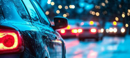 Car Driving on Rainy City Street at Night, Rear View with Blurry Traffic and Bokeh Lightsの素材