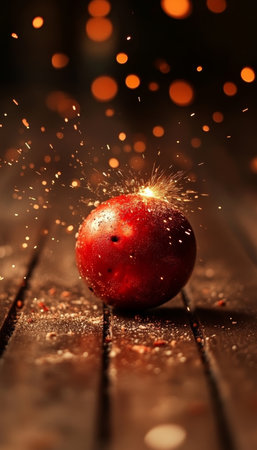 Red Christmas Bauble with Sparkles on Rustic Wooden Surface, Festive Holiday Backgroundの素材