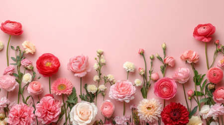 Beautiful Floral Composition. Bouquet of Pink, White, and Red Flowers on Pink Background. Top View.の素材