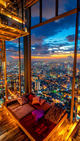 Luxury rooftop lounge, panoramic cityscape view at dusk, comfortable seating, atmospheric lighting.の素材