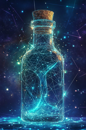 Glowing Tree of Life Inside a Corked Bottle on a Blue Glitter Background, Digital Artの素材