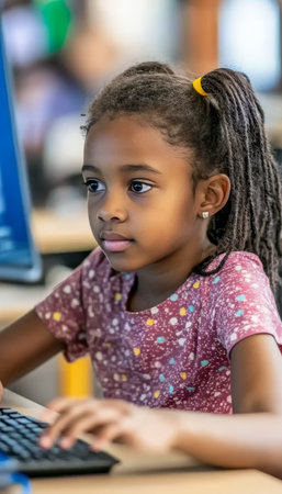 Focused Young Student Engaged in Computer Coding Lesson at School, STEM Education Conceptの素材