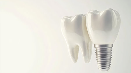 Dental Implant and Healthy Tooth A Close-Up Comparison on White Background with Copy Spaceの素材