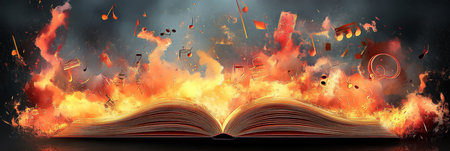 Open Book Engulfed in Fiery Music Notes, A Visual Representation of Passion and Creativityの素材