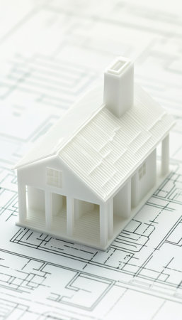 White Model House on Architectural Blueprint. Construction, Real Estate, and Design Concept.の素材