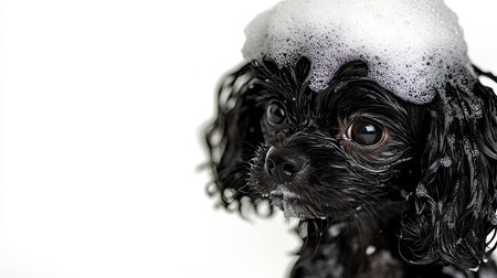 Wet Small Black Puppy Pet with Soap Suds Adorable Canine Bath Time, Isolated on White Background.の素材