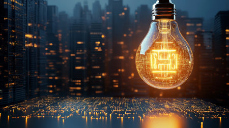 Glowing Light Bulb, Cityscape Background, Digital Circuit Board. Innovation, Technology Concept.の素材