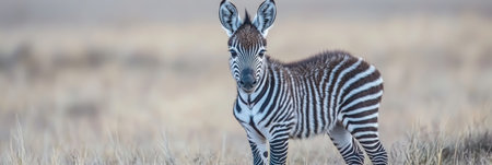 Young Plains Zebra Foal Standing Alone on the Savanna, Maasai Mara National Reserve, Kenyaの素材