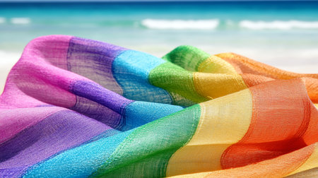 Rainbow Flag on Sandy Beach with Ocean Waves, Celebrating Diversity, Love and LGBTQ Rights.の素材