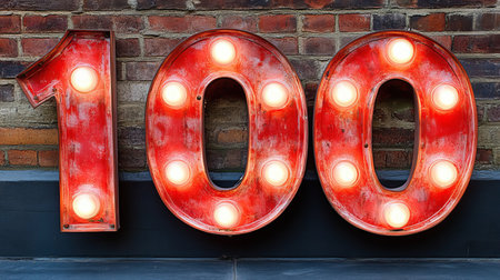 Red One Hundred Number Sign With Illuminated Light Bulbs Against Rustic Brick Wall Backgroundの素材
