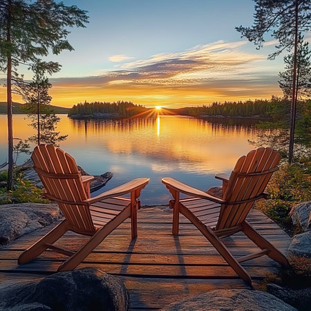 Serene Sunset View Two Wooden Chairs Overlooking Tranquil Lake, Perfect for Relaxationの素材