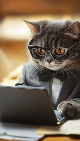 Serious Cat in Suit and Glasses Working on Laptop, Concept of Business and Technologyの素材