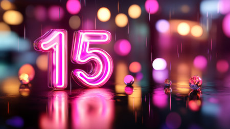 Pink Neon Number Fifteen, 15, On a Wet Background Full of Bokeh Lights and Reflectionsの素材