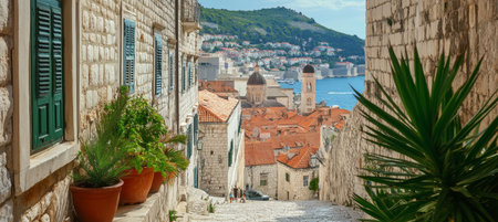 Sunny streetscape in Dubrovnik old town, panoramic view from the way towards Adriatic Sea, Croatia.の素材