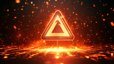 Glowing Neon Bird Warning Sign On A Fiery, Abstract, Digital Background With Sparkling Particlesの素材