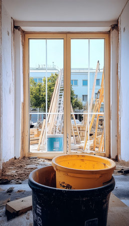 Construction Site View Empty Buckets and Scaffolding Seen Through a Window during Renovationの素材
