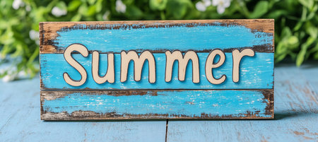 Wooden Summer Sign On Blue Table With Defocused Green Plants And White Flowers In The Backgroundの素材
