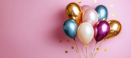 Bright Bunch of Colorful Helium Balloons on a Pink Background with Golden Confetti and Copy Spaceの素材