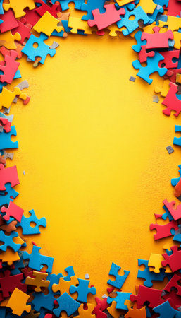 Vibrant Puzzle Pieces Frame on Yellow Background, Conceptual Image for Problem Solvingの素材