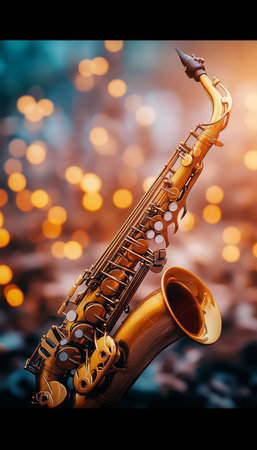Golden Saxophone On Blurred Bokeh Lights Background In Nightclub, Close Up. Jazz Music Instrument.の素材