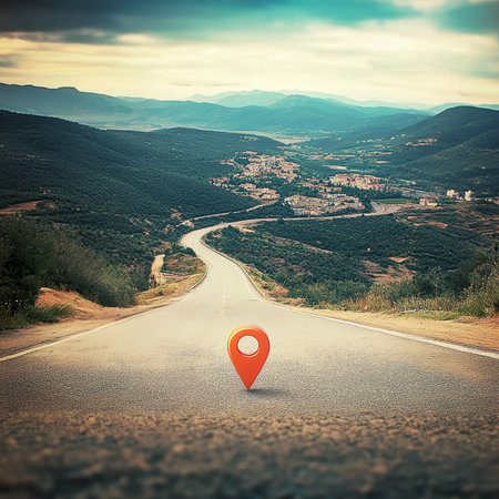 Open Road To New Adventures. Asphalt Winding Road, Location Pin And Picturesque Sunny Landscapeの素材