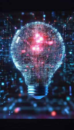 Digital Lightbulb With Glowing Core On Circuit Board Background, Global Technology Conceptの素材