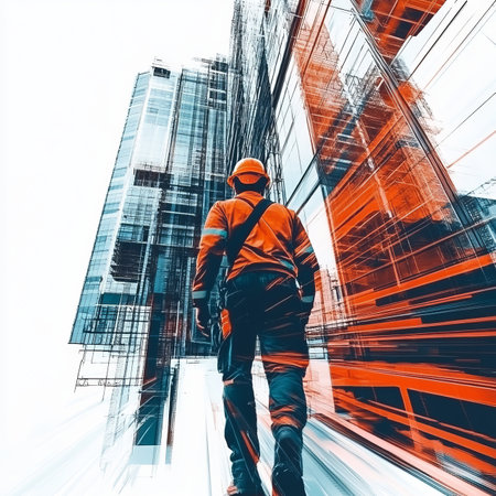 Construction Worker Navigates Modern City Architecture, Engineering and Development Concept.の素材