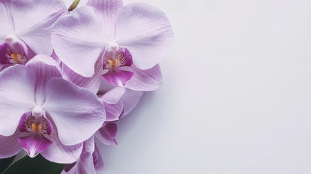 Soft Focus Purple Orchid Blossoms on a Tranquil White Background, Minimalist Floral Designの素材