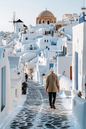 Man Exploring Picturesque White-Washed Streets in Oia, Santorini, Greece, With Iconic Churchの素材