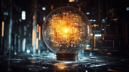 Innovation Spark. Light Bulb With Intricate Futuristic Circuitry On A Dark, Glowing Tech Background.の素材