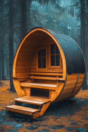 Wooden Barrel Sauna, Cozy Retreat in Autumn Forest. Eco-Friendly Relaxation and Wellness Concept.の素材