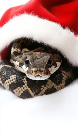 Curious Snake Peeking Out from Under a Festive Santa Hat, Embracing the Christmas Spiritの素材
