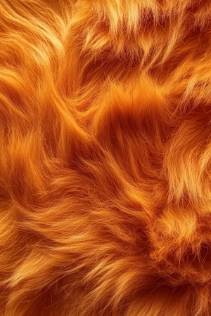 Close-up of soft golden-orange artificial fur, textured background with luxurious feel.の素材