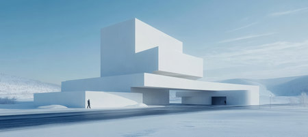 Minimalist White Architectural Building with Geometric Shapes Against Snowy Winter Landscapeの素材